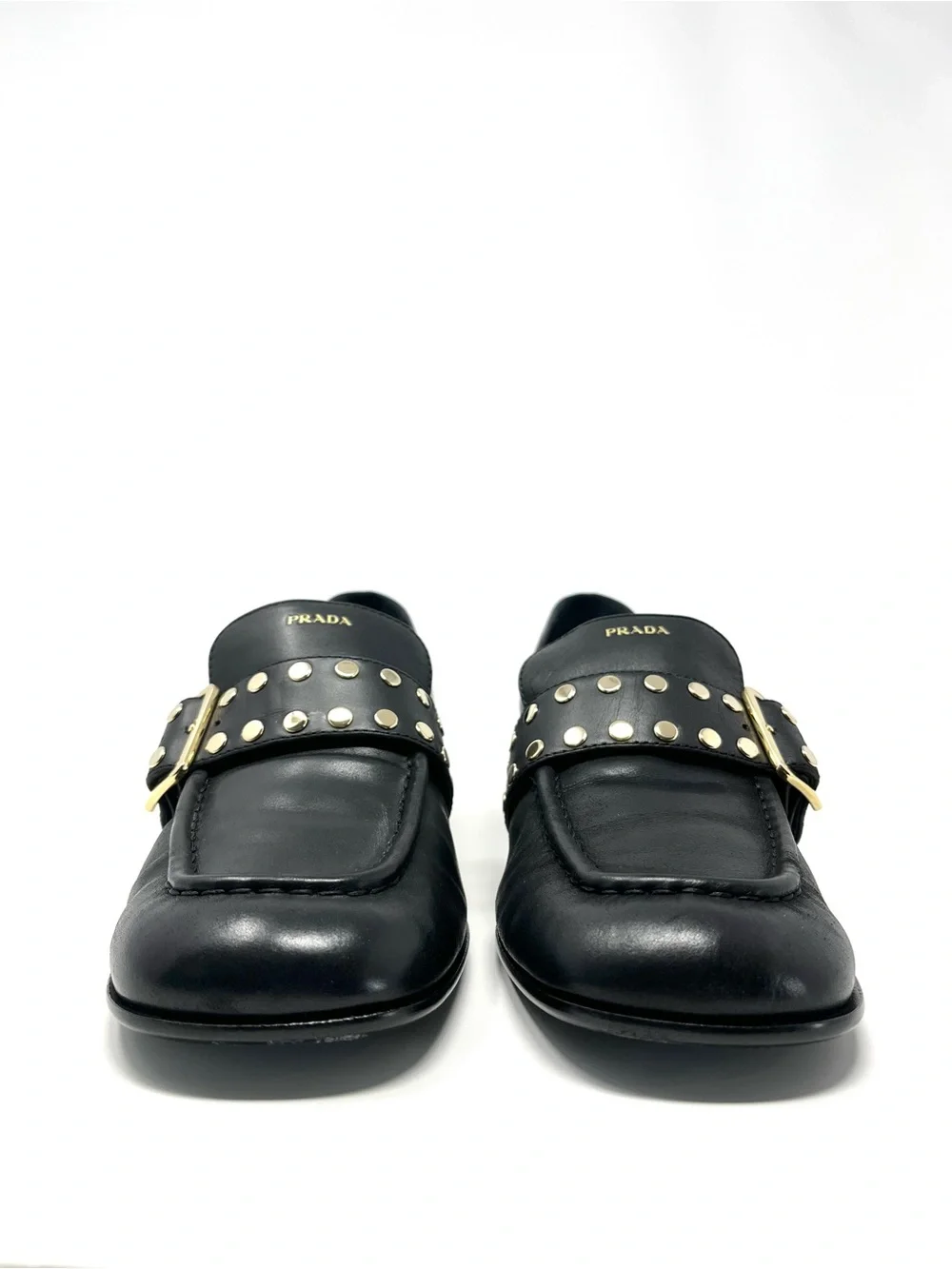 Prada Logo Black Leather Gold Studded Buckle Loafers Heels Shoes Chunky 39.5 9.5